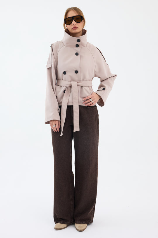 Routines Cropped Trench Coat - Stone 8030 Coat Routines Fashion