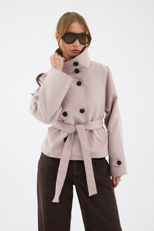 Routines Cropped Trench Coat - Stone 8030 Coat Routines Fashion