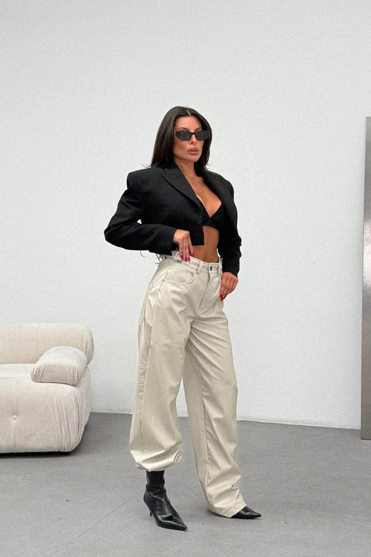 Routines LeatherLook Carpenter Jeans - Beige 309-6 Pants Routines Fashion