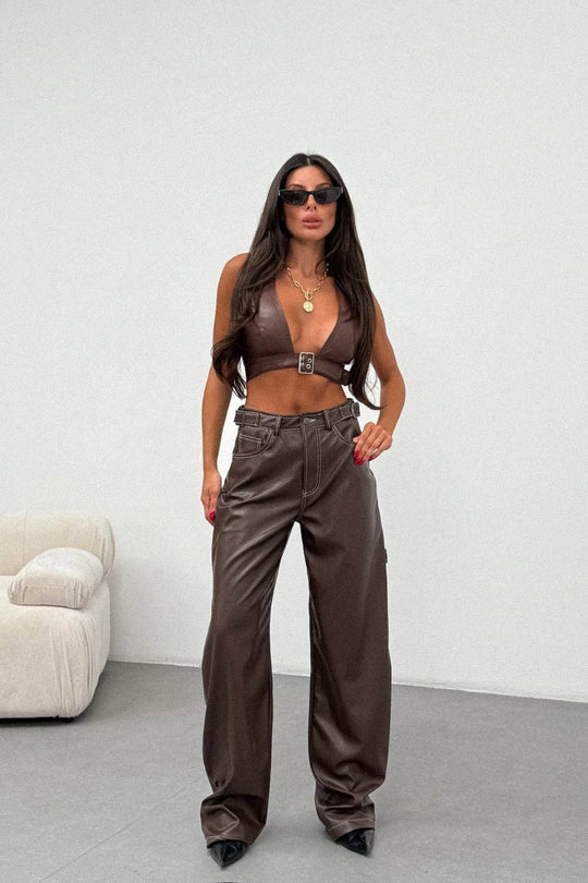 Routines LeatherLook Carpenter Jeans - Choco 309-5 Pants Routines Fashion