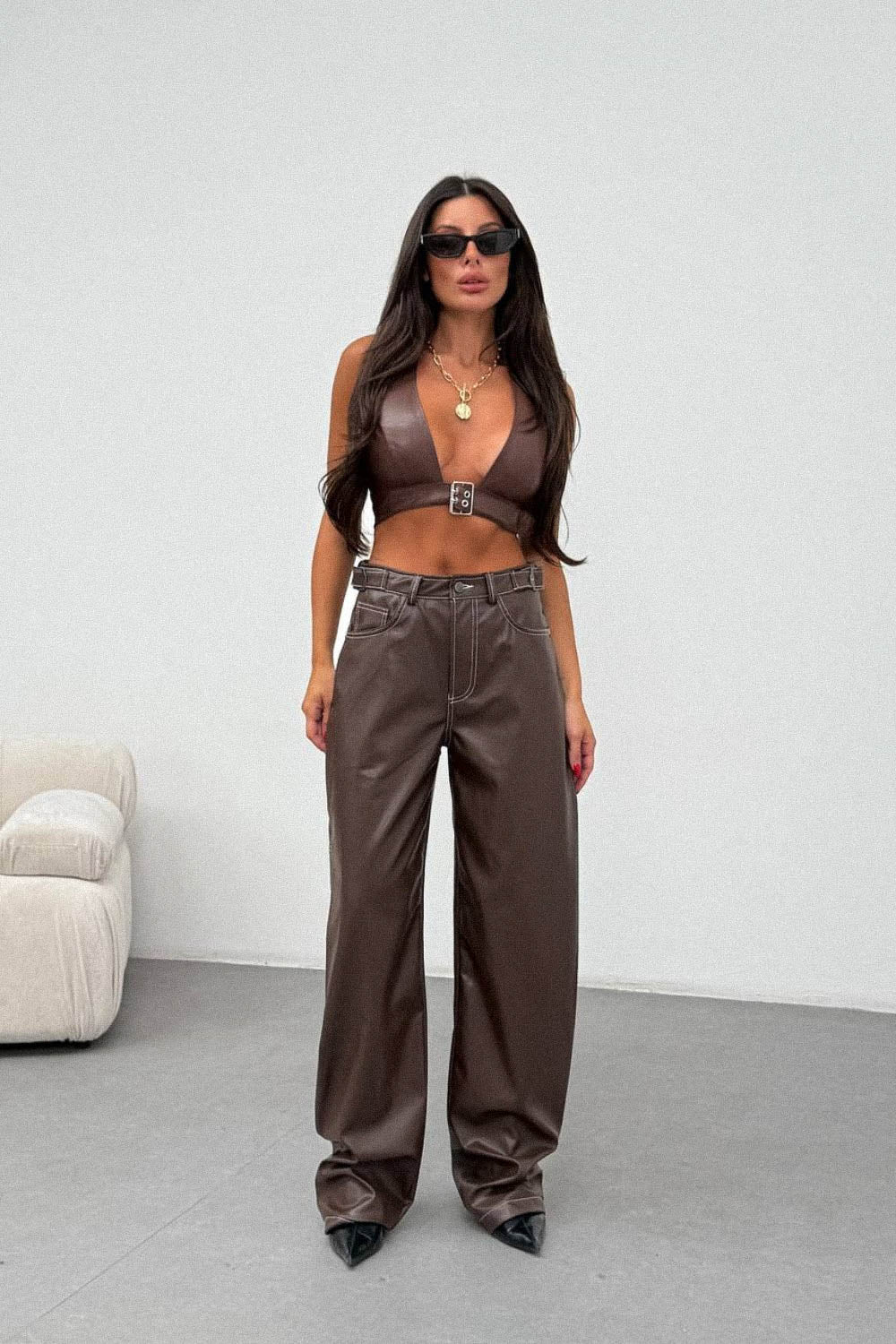 Routines LeatherLook Carpenter Jeans - Choco 309-5 Pants Routines Fashion