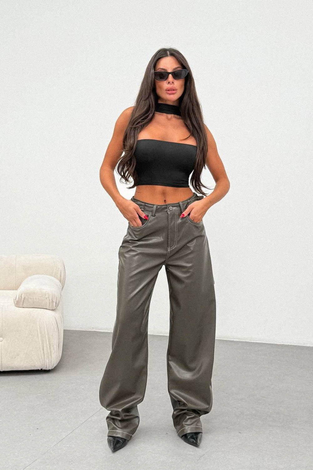 Routines LeatherLook Carpenter Jeans - Dark Green 309-4 Pants Routines Fashion