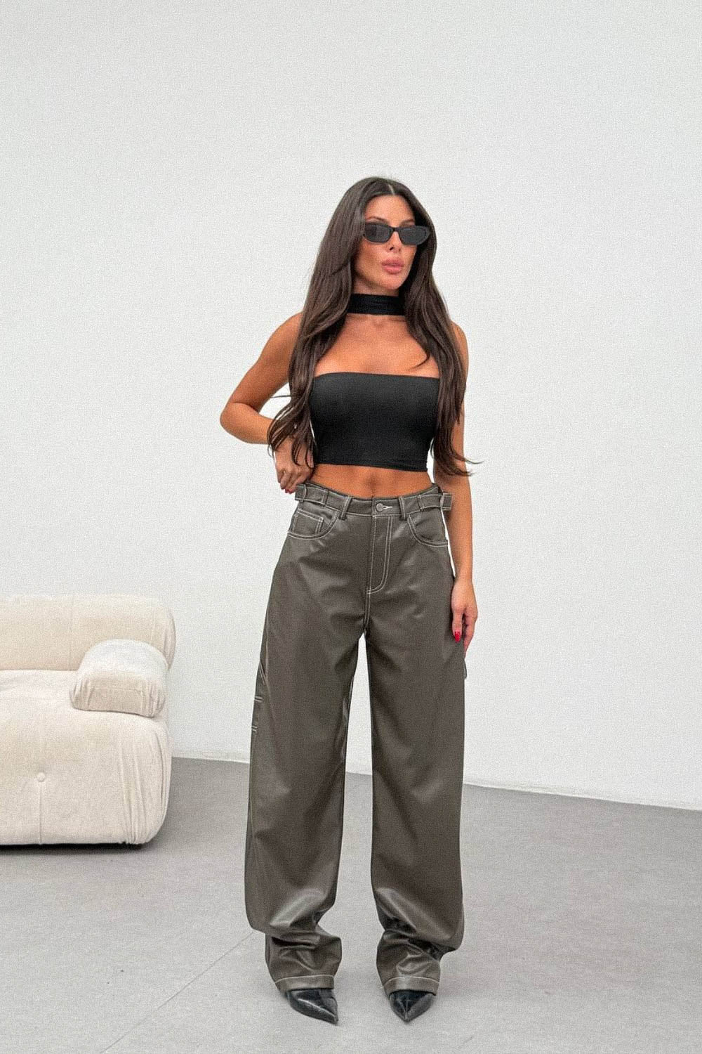Routines LeatherLook Carpenter Jeans - Dark Green 309-4 Pants Routines Fashion