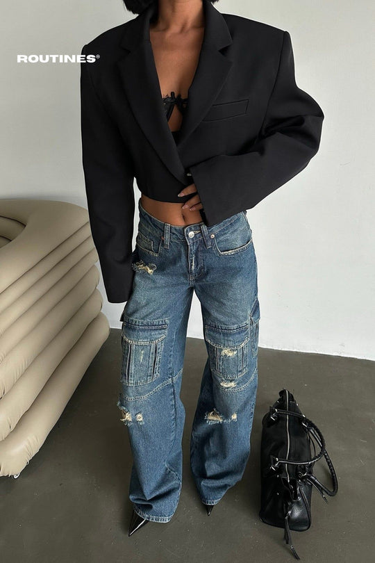 Routines Multipocket Ripped Baggy Cargo Jeans 5455 Jeans Routines Fashion