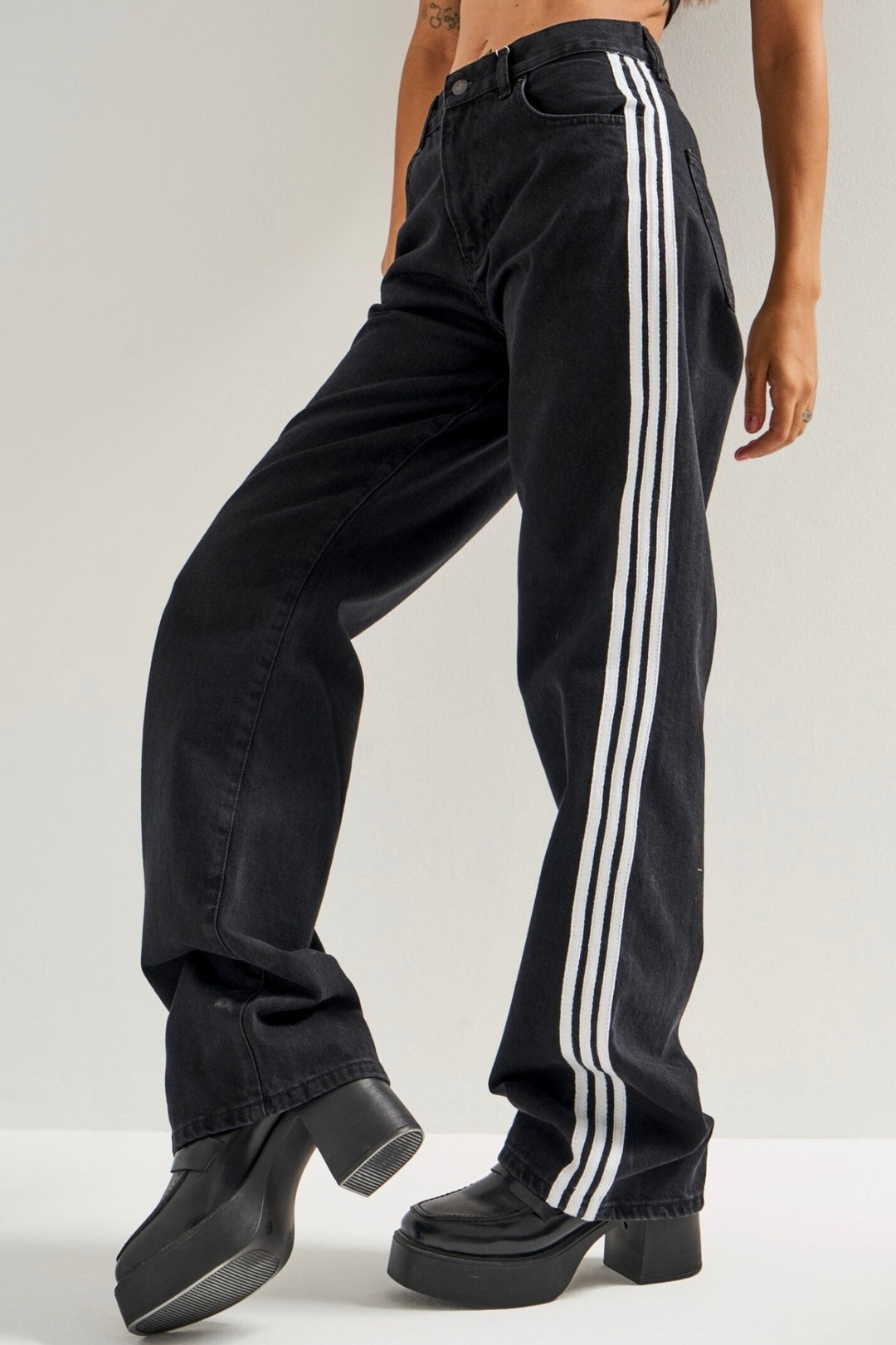 Routines Striped Loose Straight Jeans - Black 2880 Jeans Routines Fashion