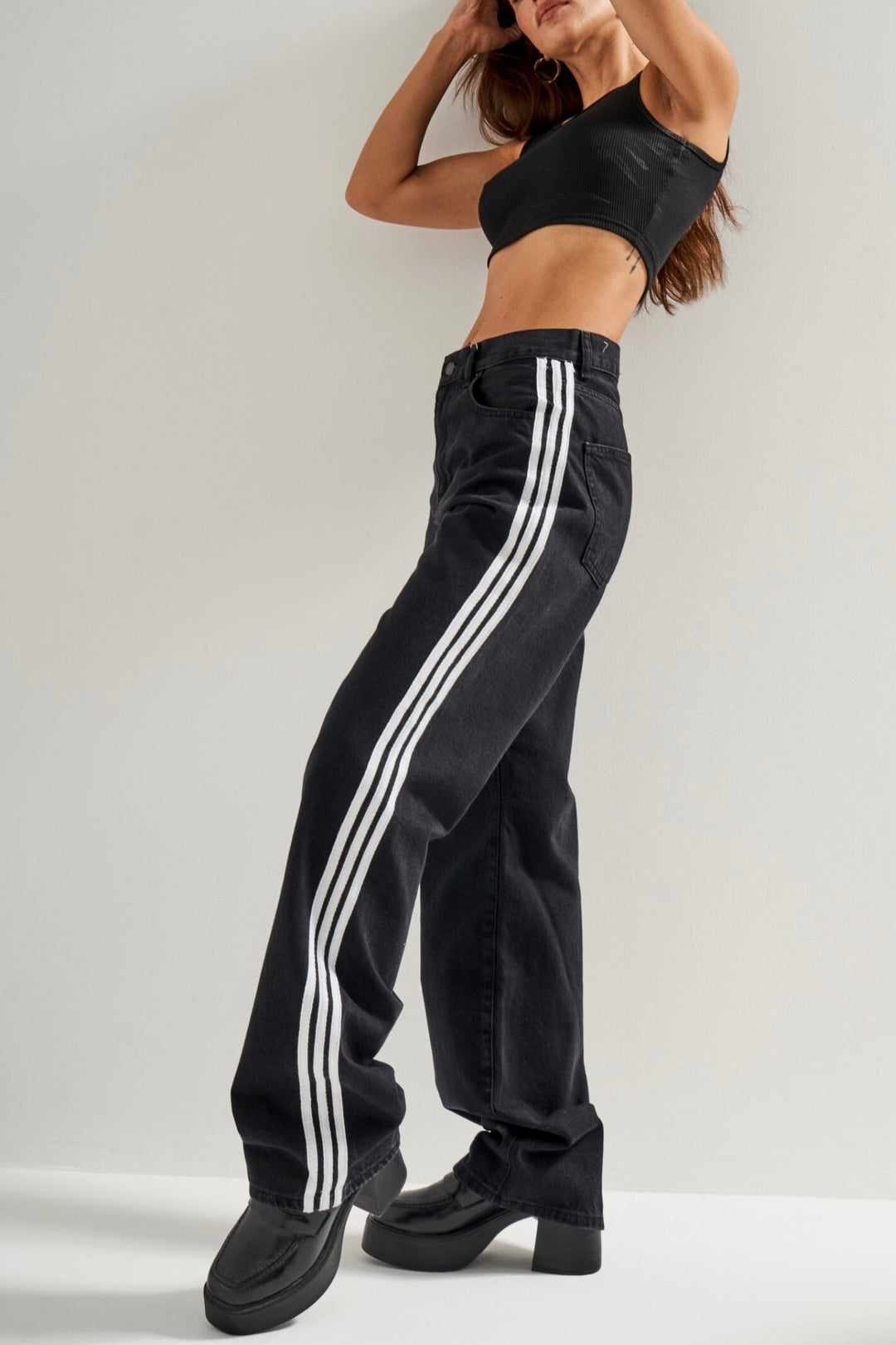 Routines Striped Loose Straight Jeans - Black 2880 Jeans Routines Fashion