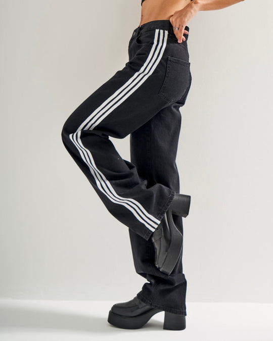 Routines Striped Loose Straight Jeans - Black 2880 Jeans Routines Fashion