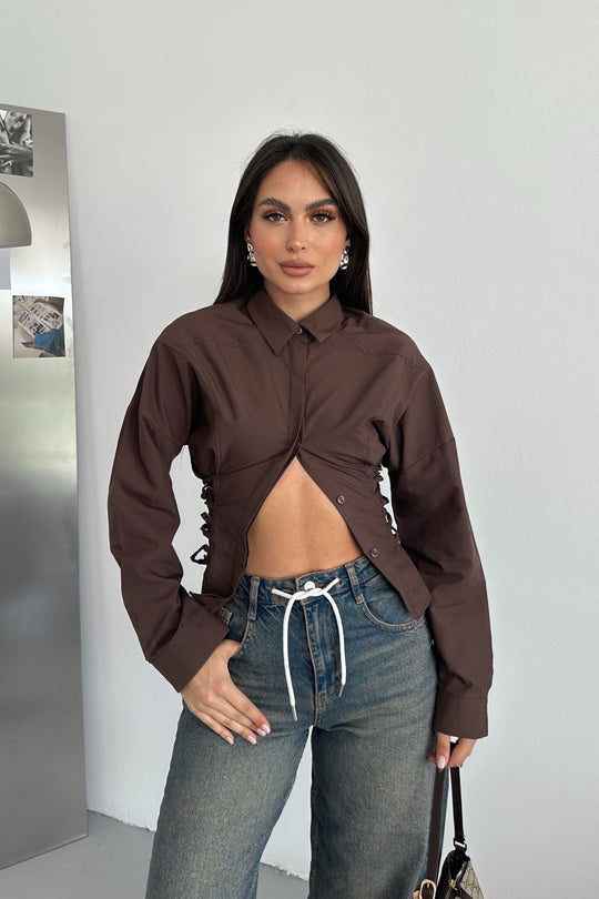 Routines Tie Tailored Blouse - Brown 221751 Blouse Routines Fashion