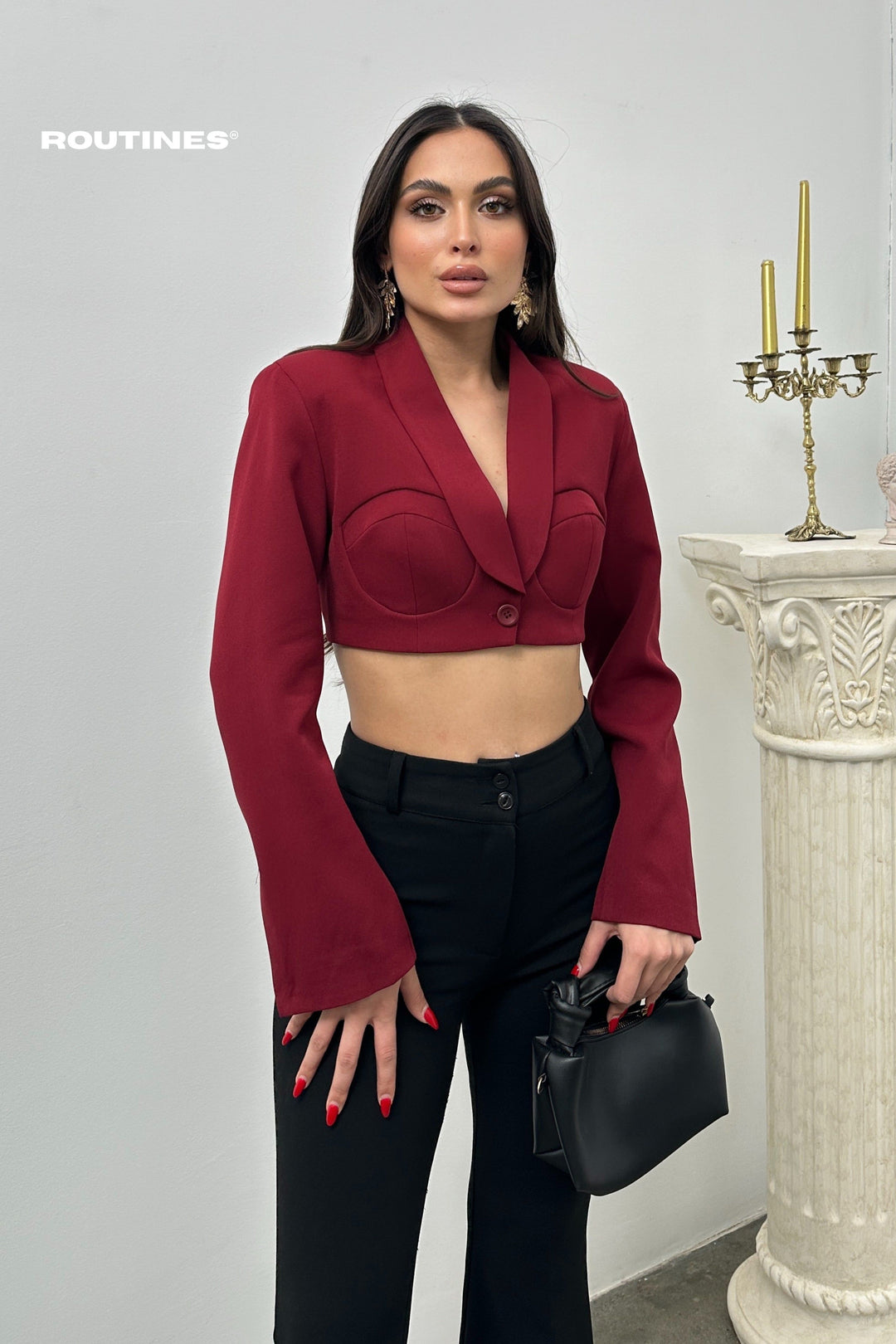 Routines padded Cropped Blazer - Bordeaux 25Y4922 Blazer Routines Fashion