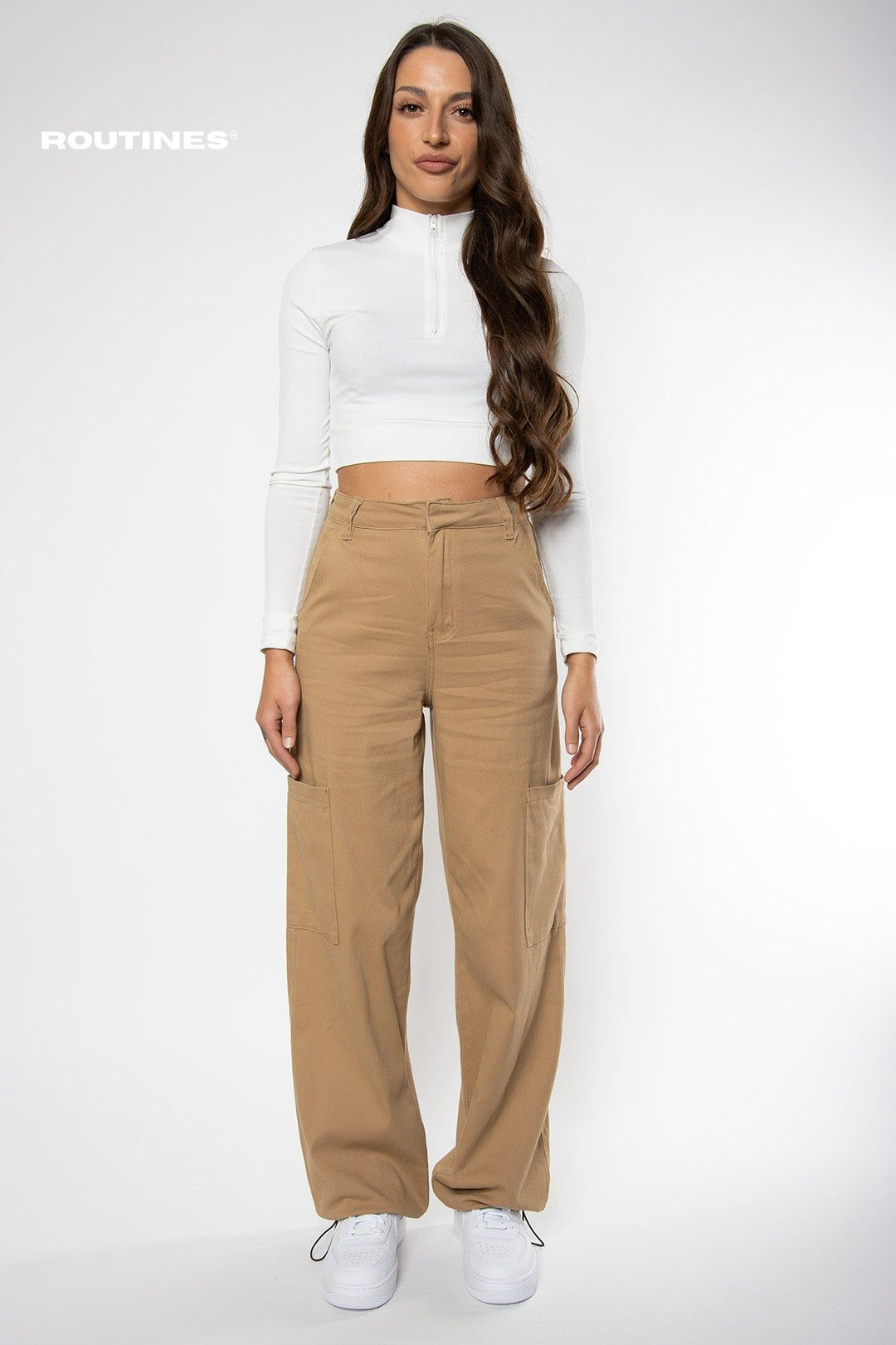 Brooke Stretch Cargo Parachute Pants - Camel Pants Routines Fashion   