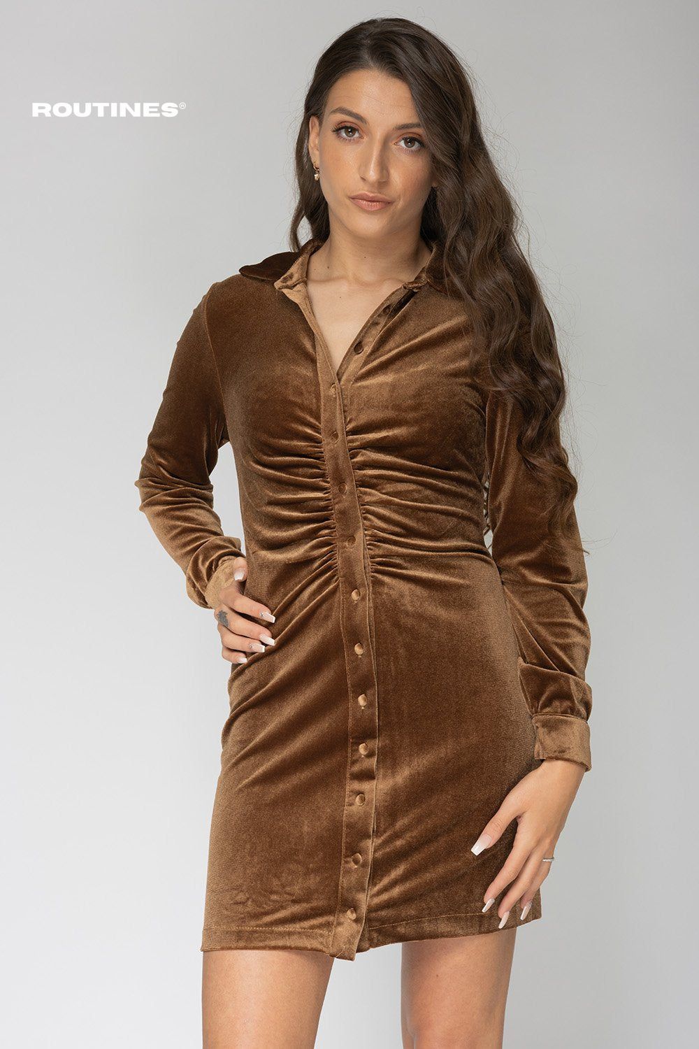 Lize Velvet Ruched Dress Brown Dress Routines Fashion   