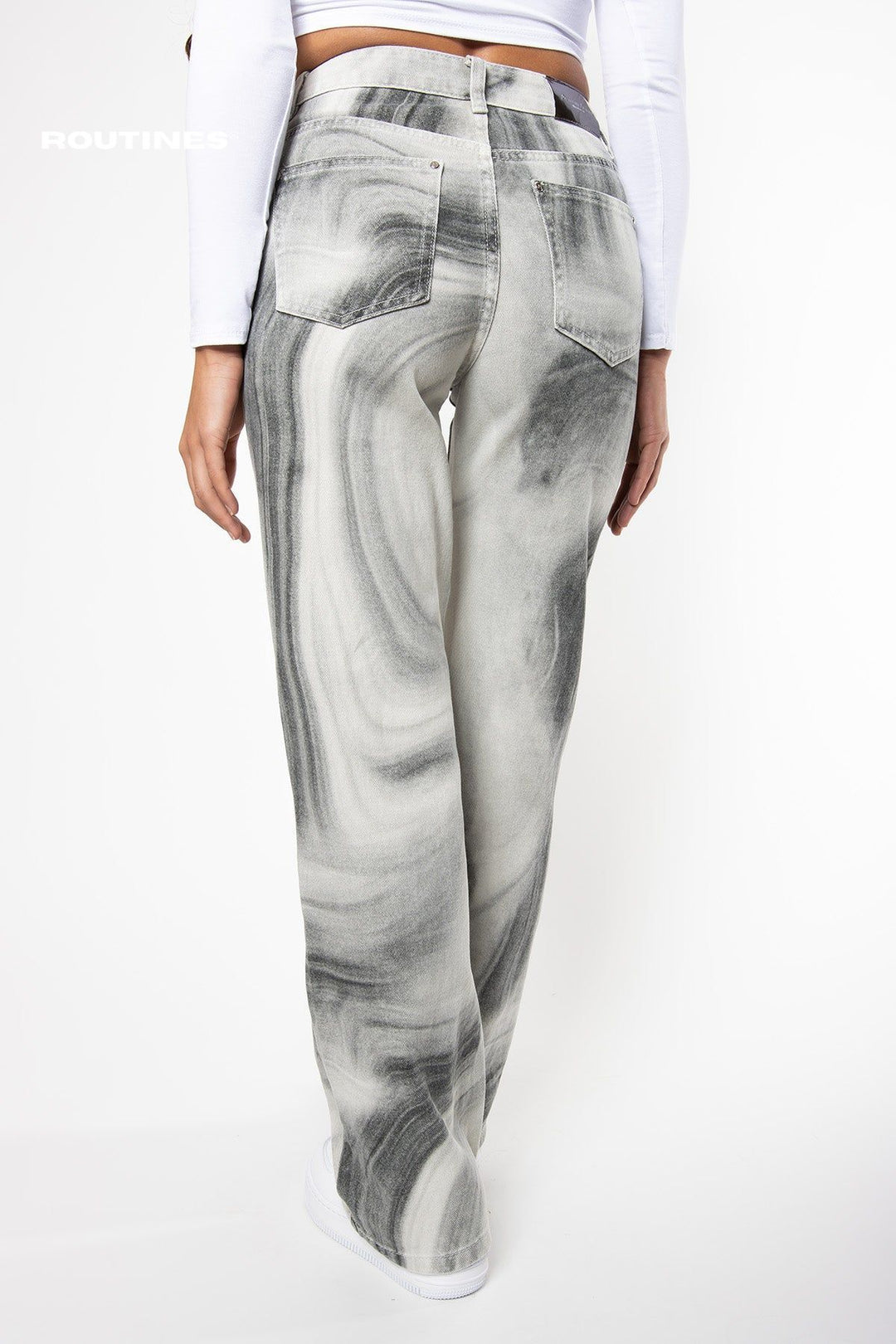 Stefany Tie Dye Straight Leg Jeans - Black / White Jeans Routines Fashion   