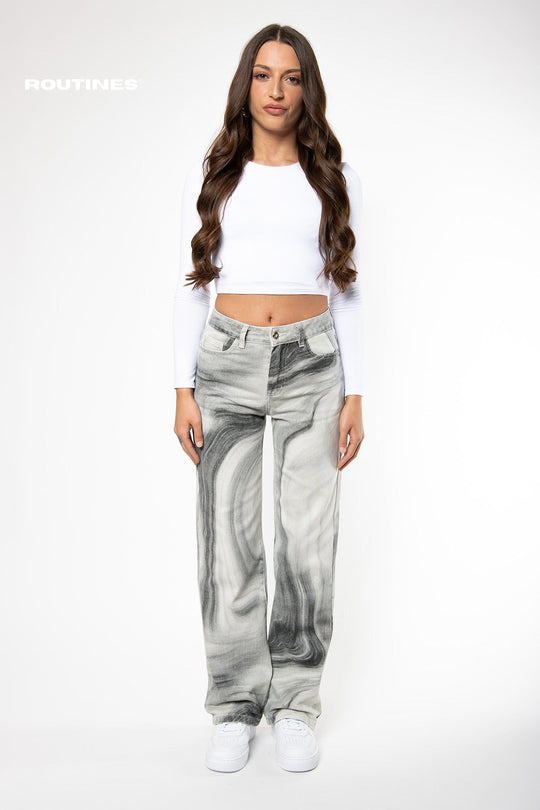 Stefany Tie Dye Straight Leg Jeans - Black / White Jeans Routines Fashion   