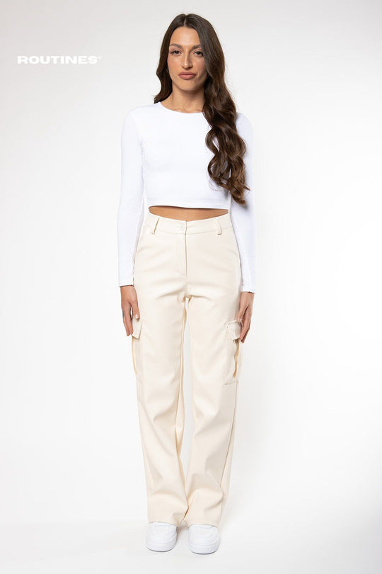 Vickey Leatherlook Cargo Pants - Cream Pants Routines Fashion   