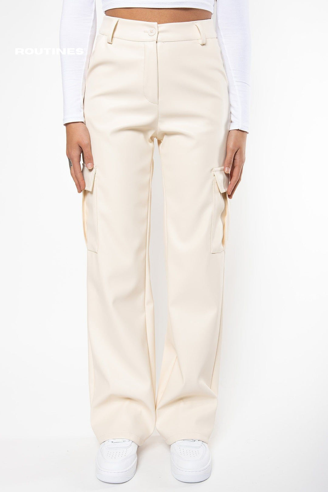 Vickey Leatherlook Cargo Pants - Cream Pants Routines Fashion   
