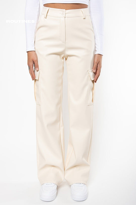 Vickey Leatherlook Cargo Pants - Cream Pants Routines Fashion   