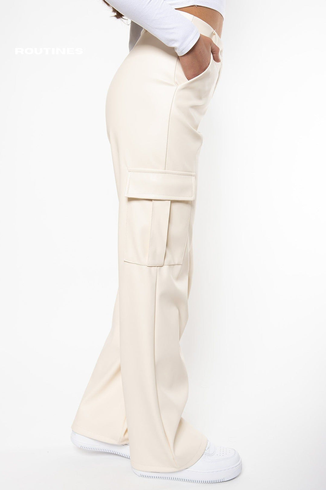Vickey Leatherlook Cargo Pants - Cream Pants Routines Fashion   