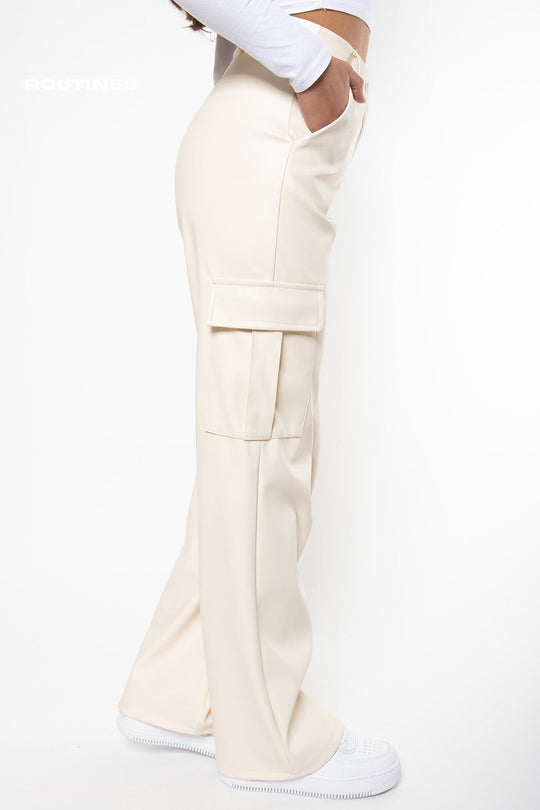 Vickey Leatherlook Cargo Pants - Cream Pants Routines Fashion   