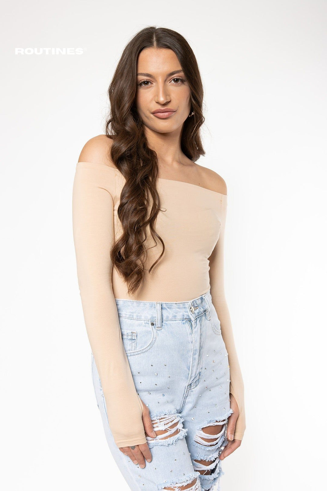 Wrenley Off Shoulder Top - Beige Top Routines Fashion   